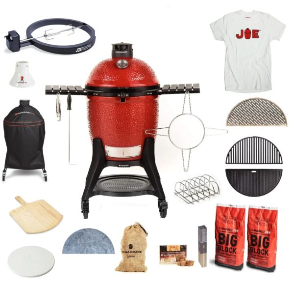 Kamado Joe - Classic 3 Pro Joe SUPER Bundle - <strong>Please select Free Kamado Joe T-shirt size from the drop down box before adding the bundle to your cart!</strong> The Kamado Joe Classic III includes the newest innovation, the revolutionary SloRoller Hyperbolic Smoke Chamber insert. Harnessing the power of cyclonic airflow technology to control heat and smoke, the SloRoller insert is designed to perfect the taste and texture of food on low-and-slow cooks up to 500F, and is easily swapped out for heat deflector plates when searing or grilling at higher temperatures. As with its predecessor, the Classic II, it also features a thick-walled, heat-resistant shell that locks in smoke and moisture at any temperature. <hr /> <span style="color: #000000;"><em>Please select your t-shirt size in the 'notes' section at checkout. *T-shirt colours & styles may vary depending on availability.</em></span>