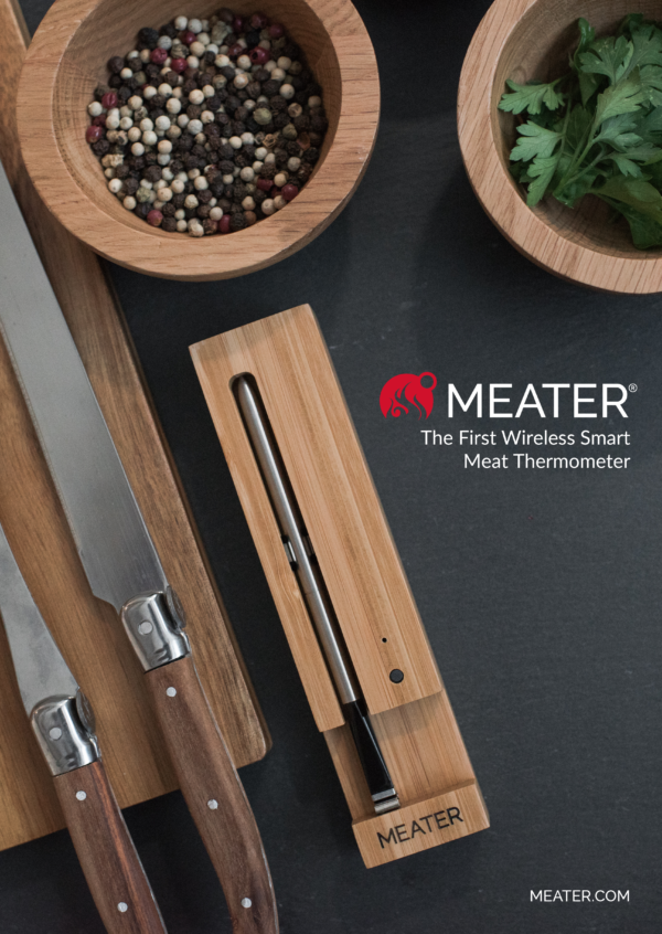 Meater Plus Wireless Smart Thermometer - <ul> <li>Built-in Bluetooth repeater in the charger extends the wireless range up to 50m.</li> <li>100% Wire-Free: No wires. No fuss. The first truly wireless smart meat thermometer.</li> <li>2 Sensors, 1 Probe: Dual temperature sensors can monitor internal meat temperature and ambient.</li> <li>Guided Cook System: Walks you through every step of the cooking process to guarantee perfect and consistent results.</li> <li>Advanced Estimator Algorithm: Estimates how long to cook and rest your food to help plan your meal and manage your time.</li> <li>Connectivity Suite: Monitor your cook from a phone or tablet over Bluetooth. Extend your wireless range using MEATER Link WiFi and the MEATER Cloud.</li> </ul>