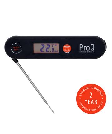 ProQ Digital Instant Read Rechargeable Thermometer - ProQ Digital Instant Read Rechargeable Thermometer is an accurate, waterproof and rechargeable digital thermometer which is an essential tool in every kitchen. Guarantee food safety at your BBQ and perfect cooking results every time. This superfast thermometer will measure the internal temperature of your food within 3-5 seconds, giving you near instant readings & making sure your steak is perfectly cooked. Great for both indoor and outdoor use, this IPX5 waterproof probe is hardwearing and comes with a 2-year ProQ warranty. <div class=""> The ProQ Digital Instant Read Rechargeable Thermometer comes with an Auto-On backlit LCD Screen will switch on when you unfold the probe and display your temperature clearly, and switches off when you fold it away. You can swap between Celsius and Fahrenheit in one easy step – simply hold the button for 3 seconds. The ProQ Thermomenter also comes with easy & simple storage – just stick it to your cooker hood or directly onto the fridge – it’s magnetic! The probe is easy to clean and can be wiped with a damp cloth. </div>