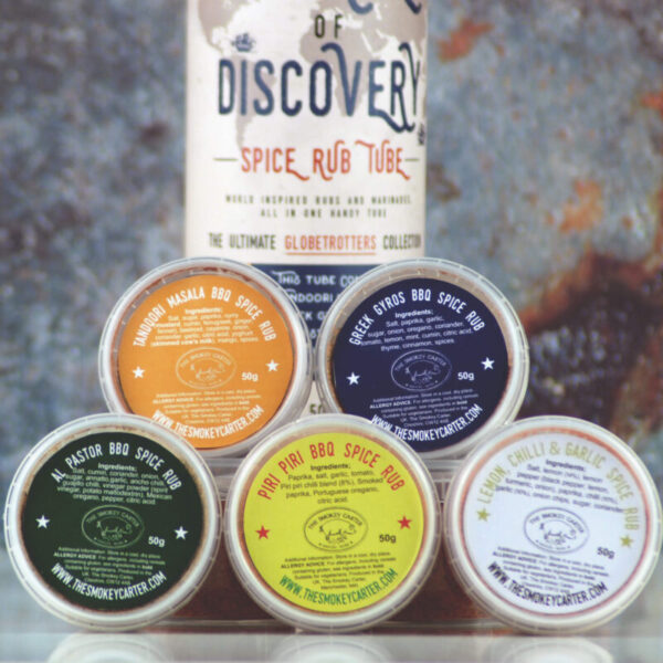 Voyage of Discovery Tube - Voyage of Discovery Tube - The Ultimate Globetrotters Collection – <strong>NEW for Christmas 2021</strong> World inspired rubs and marinades for indoor and outdoor grilling. Spice up meal times and explore the flavours of the world. Gift Tube contains five x 50g BBQ Rubs <strong>Tandoori Masala BBQ Rub 50g – India </strong> <strong>Greek Gyros BBQ Rub 50g – Greece –  (1 Star Great Taste Award Winner 2021)</strong> <strong>Al Pastor BBQ Rub 50g – Mexico – (1 Star Great Taste Award Winner 2021)</strong> <strong>Lemon, Chilli & Garlic Rub 50g – Spain </strong> <strong>Piri Piri BBQ Rub 50g – Portugal – (1 Star Great Taste Award Winner 2018)</strong>
