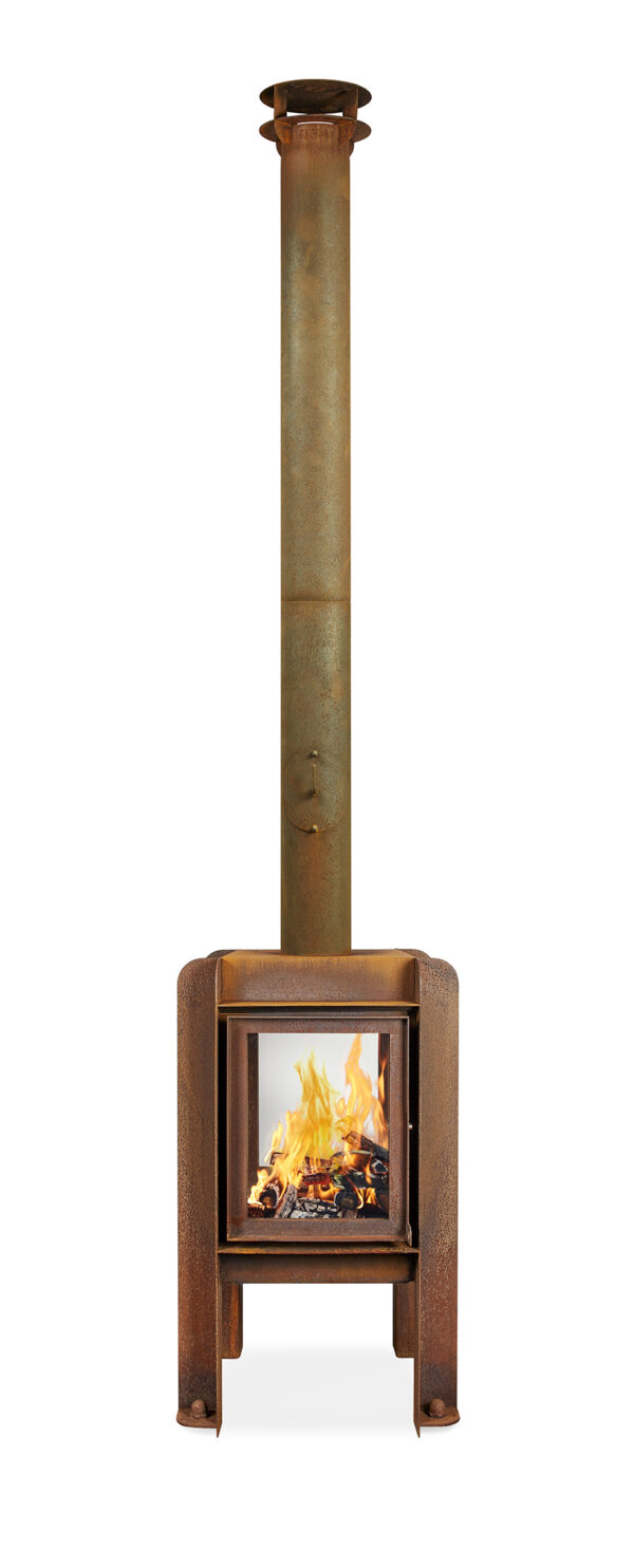 RB73 Fennek 50 – Outdoor Stove – 4 Sided - RB73 Fennek 50 – Outdoor Stove – 4 Sided The Fennek is available in a vertical model the Fennek 50 and a horizontal model the Fennek 80. They are designed by the famous Dutch designer Roderick Vos. Roderick used clean and straight lines for the design. Made of 3mm CorTen steel. They are available with 3 sided and 4 sided glass. The 3 sided model is always with a closed backside with concrete stones. Since there are air spoilers above each window they remain nice clean during burning. On the topplate of the Fennek a small piece of pipe (20 cm) is welded, the standard delivered exhaust pipe will fall over this piece. So rainwater cannot come into the burning room with this closed pipe connection. The Fennek is a closed fire and has a flue of 2 meters so you do not suffer from smoke, fire sparks and ash on the terrace.  