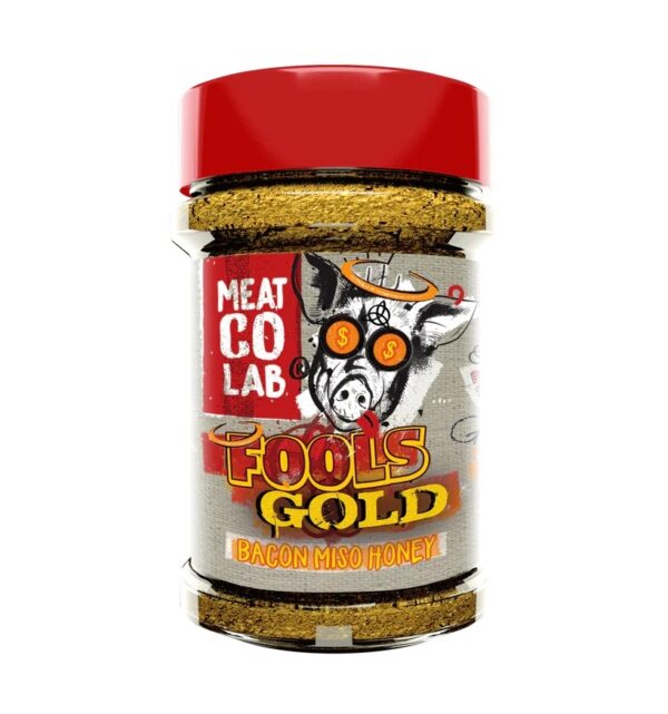 A&O Fools Gold BBQ Rub - A&O Fools Gold BBQ Rub <div class="">This product was developed with only one thing in mind!! Insane glaze for ribs, butts and chicken with golden colour and deep sweet umami heat.</div> <div class=""></div> <div class="">We developed this product to maximise umami using the back notes of bacon, red miso and soy sauce powder. Sweetness from honey powder and coconut sugar brings a massive depth of flavour that will enhance pork and chicken to leave you salivating for more. We’ve kept a golden colour and not used paprika here so you can mix and blend with the likes of Sweet Bones & Butts or Feather Duster. Fools Gold will lift our pork and chicken rubs to the next level with an undercoat of umami like no other. You can use this rub on its own to and make the smoke from your BBQ work for you and deliver the natural smoke colour of great BBQ.</div> <div class=""></div> <ul> <li>GLUTEN FREE</li> <li>CONTAINS SOYA & CELERY</li> </ul>