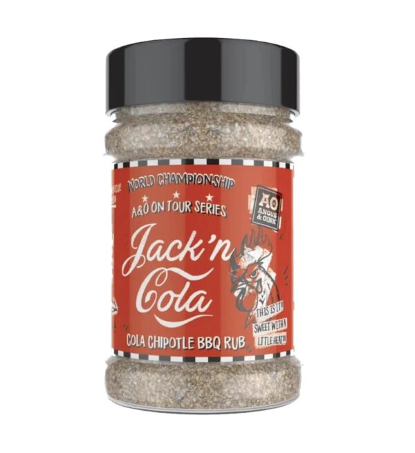 A&O Jack n Cola BBQ Rub - A&O Jack n Cola BBQ Rub It's official. We created the American BBQ Dream right here. Sweet with fruit and sugar and a little heat from our delicate blend of chillies and spices, this rub is the one for making Porky Cola Cubes! Yee hah! Simply rub all over your pork or chicken, cook and then make a tasty JD and Cola reduction sauce from the natural juices. Try it, you’ll love it!! <ul> <li>GLUTEN FREE</li> <li>200g</li> </ul>