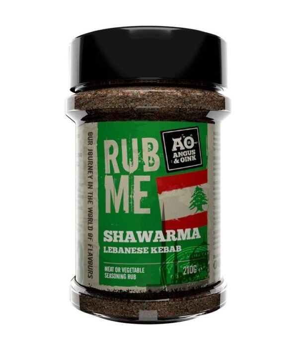 A&O Shawarma BBQ Rub - A&O Shawarma BBQ Rub Our Shawarma seasoning is full of Middle Eastern promise. Spices from India, North Africa and Europe collide head on in a proliferation of tonguetastic flavours. The story behind this Shawarma seasoning is simple. We lived in the Middle East for two years drilling for oil, but in our exploration of the back streets and markets we uncovered the local delicacies. Shawarma! Like a burrito it's a wrap snack, often enjoyed after an inebriation event. Delicious paired with lamb or vegetables. Try a slow cooked lamb shoulder for pulling, piled into a flat bread with fresh yogurt, tabbouleh and fresh pomegranate. Or grill lamb chops or lamb shoulder kebabs and enjoy the heady fragrance in the air around you.
