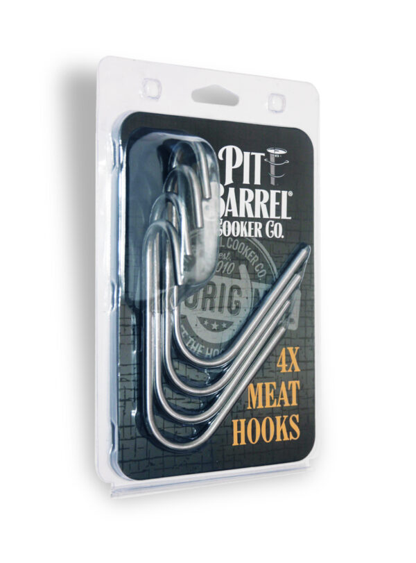 Pit Barrel Stainless Steel Hooks x 4 - Pit Barrel Stainless Steel Hooks x 4 Looking to pick up some additional stainless steel smoker meat hooks for your vertical barrel cooker? These are the same PBC Original Stainless Steel Smoker Meat Hooks that come in the Pit Barrel Packages, sold in sets of 4. Hooks are a great accessory for cooking food in a drum cooker and will help bring your flavour to the next level. Hang beef, pork, poultry, and vegetables alike so that you can cook them to perfection for your family and friends.