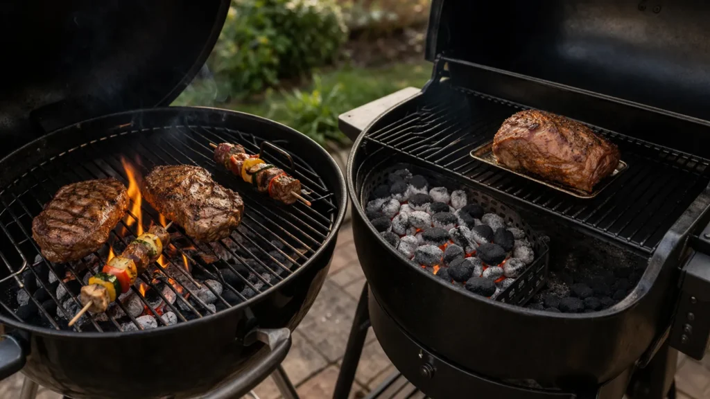 Lumpwood charcoal and briquettes used for direct and indirect BBQ cooking.