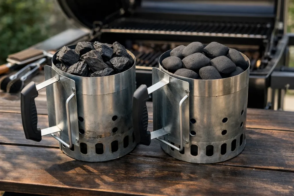 Lumpwood Charcoal vs Briquettes: Which Charcoal Is Better for BBQ? 1 Lumpwood charcoal and charcoal briquettes side by side in chimney starters.