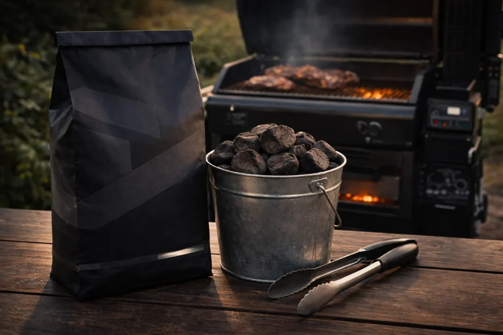 Lumpwood Charcoal vs Briquettes: Which Charcoal Is Better for BBQ? 2 Premium lumpwood charcoal beside a charcoal grill during an outdoor cookout.